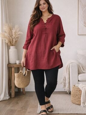 Red Cotton Tunic 3X | Frog Button Detail | Relaxed Fit Top
